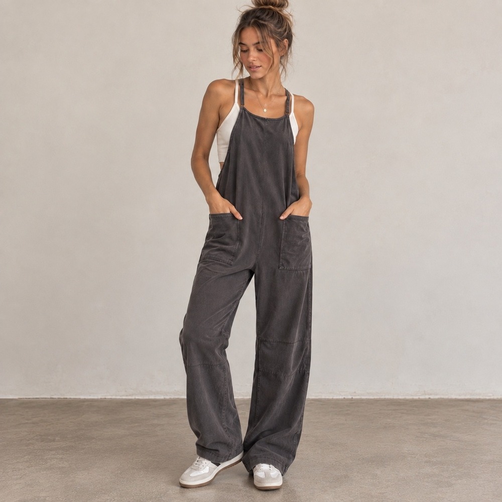 Oufeiya Charcoal Gray Wide Leg Overalls Adjustable Straps Drop Crotch Jumpsuit M
